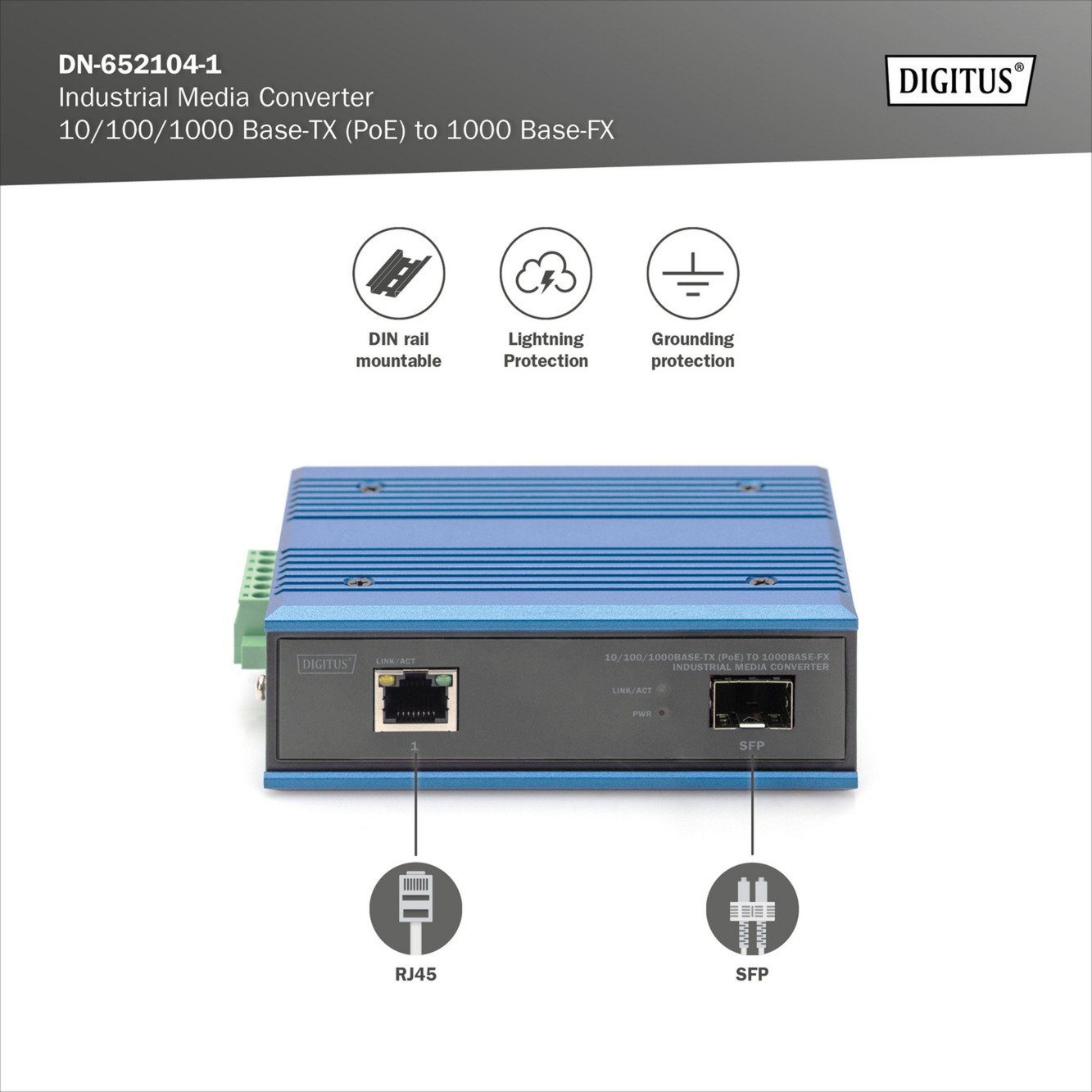 Digitus 10/100/1000Base-TX PoE zu 1000Base-FX Medienkonverter - Imagen 5