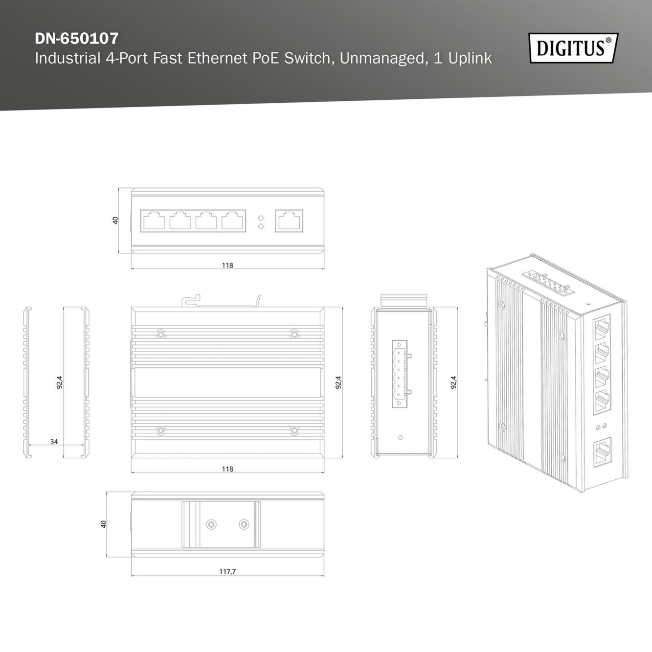 Digitus 4 Port Fast Ethernet PoE ndustrial Unmanaged - Imagen 2