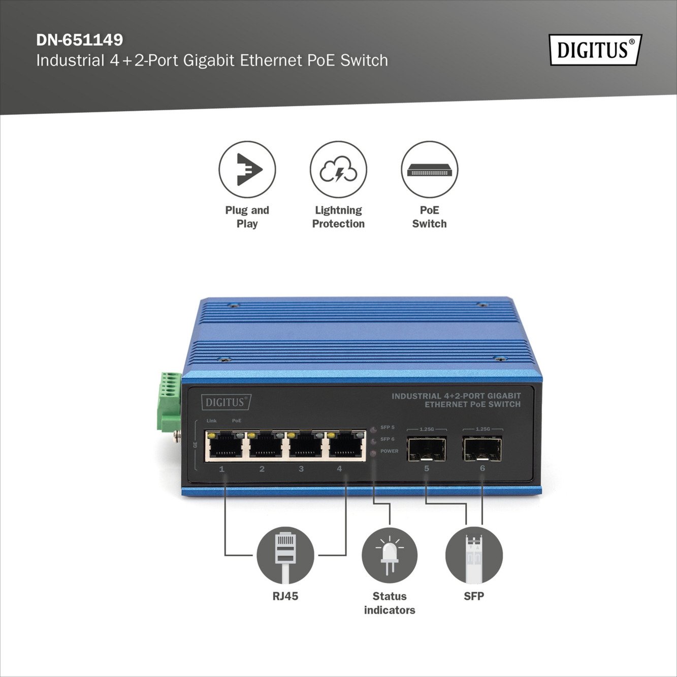 Digitus Industrial 4+2 -Port Gigabit Ethernet PoE - Imagen 5