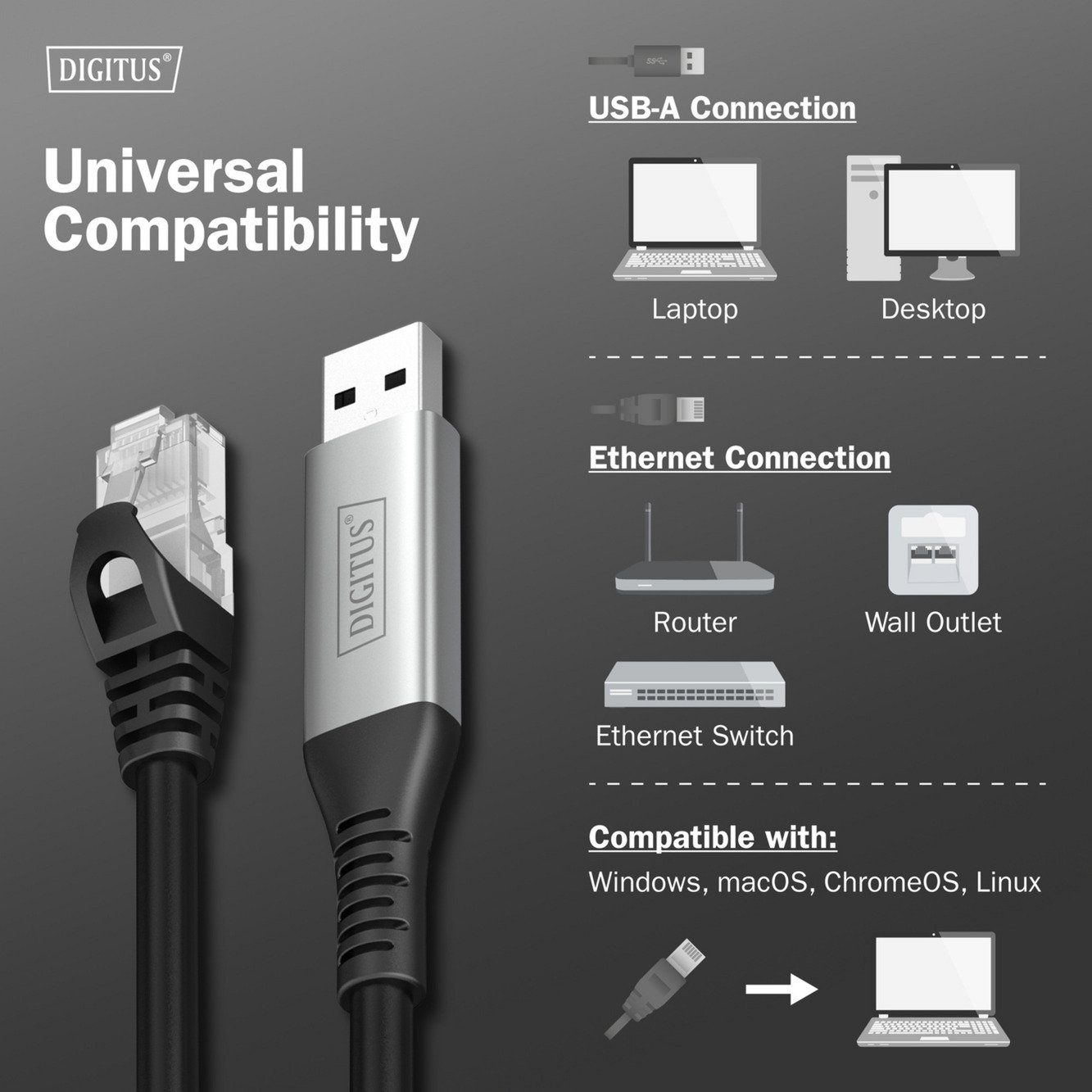 Digitus USB-A 3.2 Gen1 > RJ-45 Ethernet Kabel Negro - Imagen 5