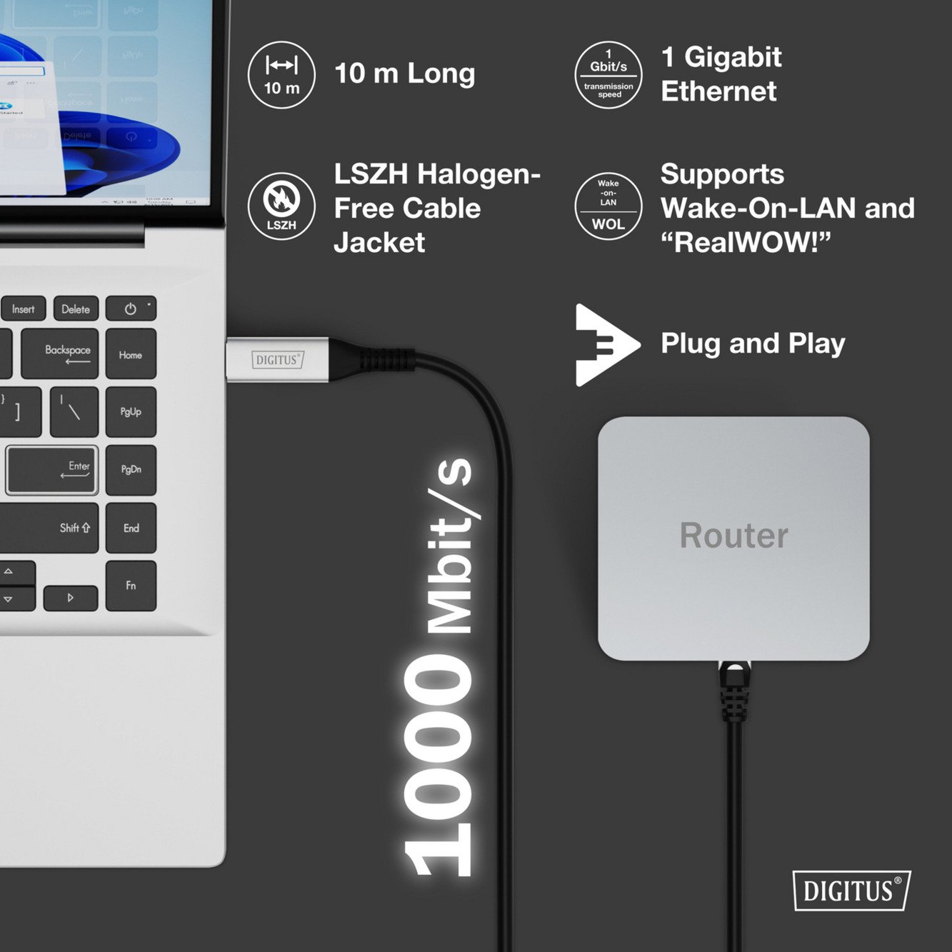 Digitus USB-A 3.2 Gen1 > RJ-45 Ethernet Kabel Negro - Imagen 4