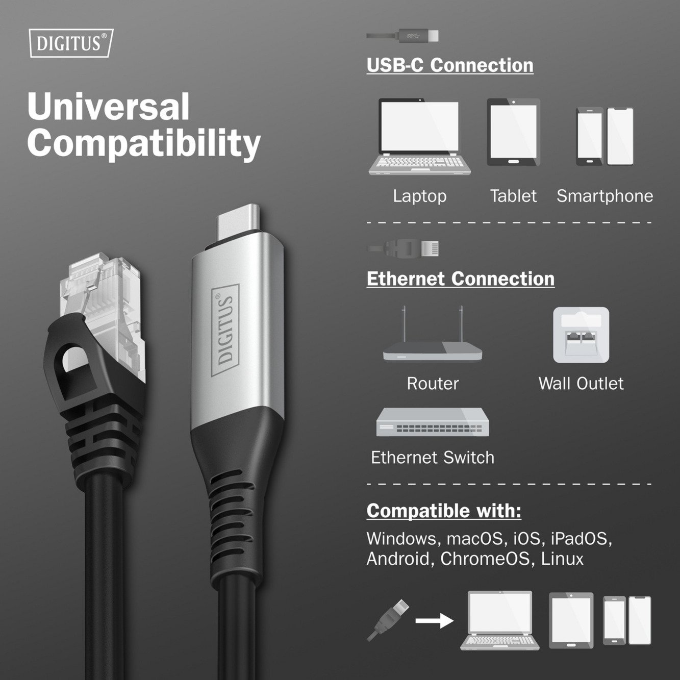 Digitus USB-C 3.2 Gen1 > RJ-45 Ethernet Kabel Negro - Imagen 5
