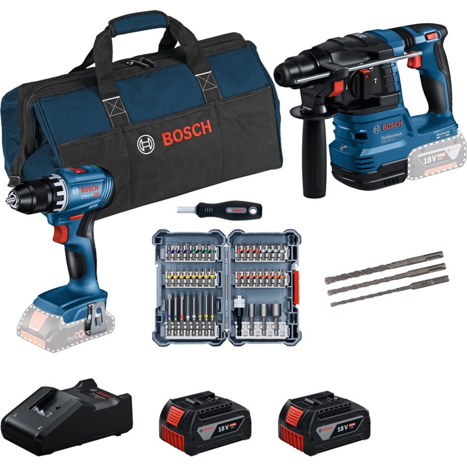 Bosch 18V Profi-Set Bohrhammer GBH 18V-22 + Bohrschrauber GSR 18V-45 Azul