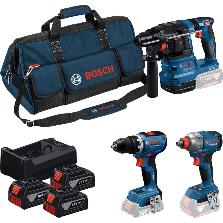 Bosch 18V Profi-Set Bohrhammer GBH 18V-22 + Bohrschrauber GSR 18V-65 + Schlagschrauber GDX 18V-285 Azul