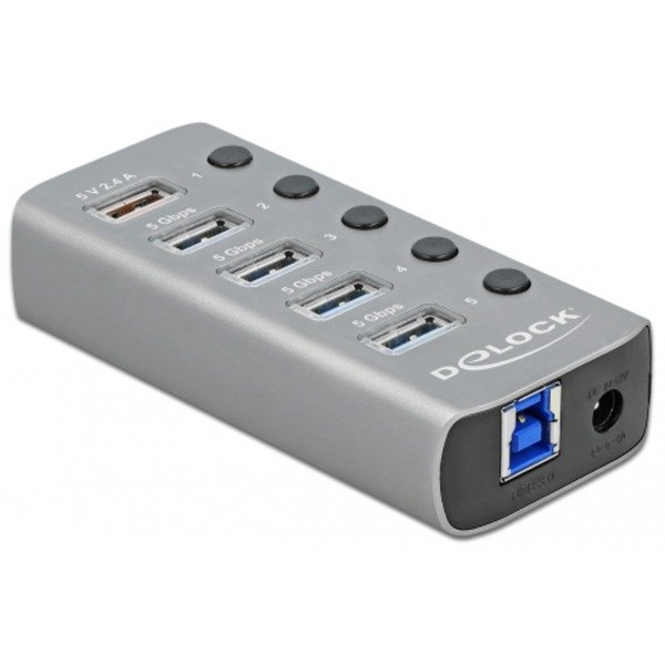 DeLOCK USB 3.2 Gen 1 Hub con 4 Ports + 1 Schnellladeport + 1 USB-C PD 3.0 Port Gris