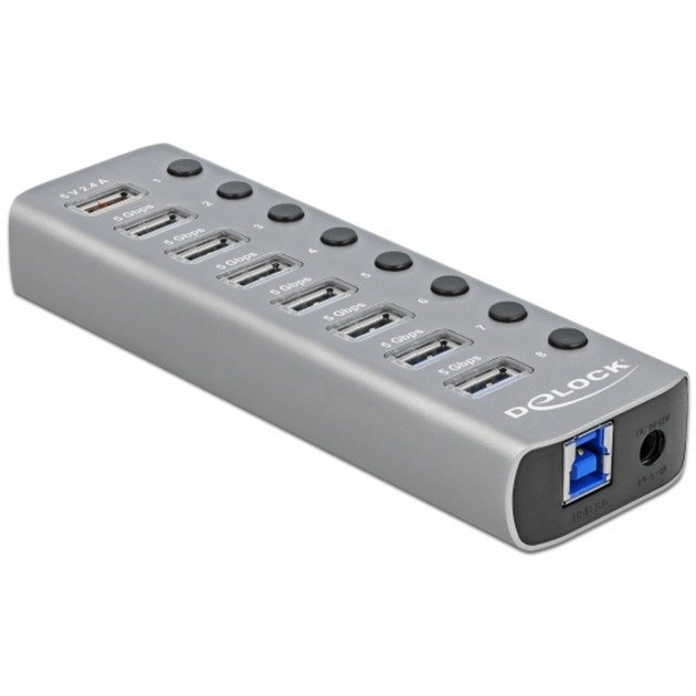 DeLOCK USB 3.2 Gen 1 Hub con 7 Ports + 1 Schnellladeport + 1 USB-C PD 3.0 Port Gris