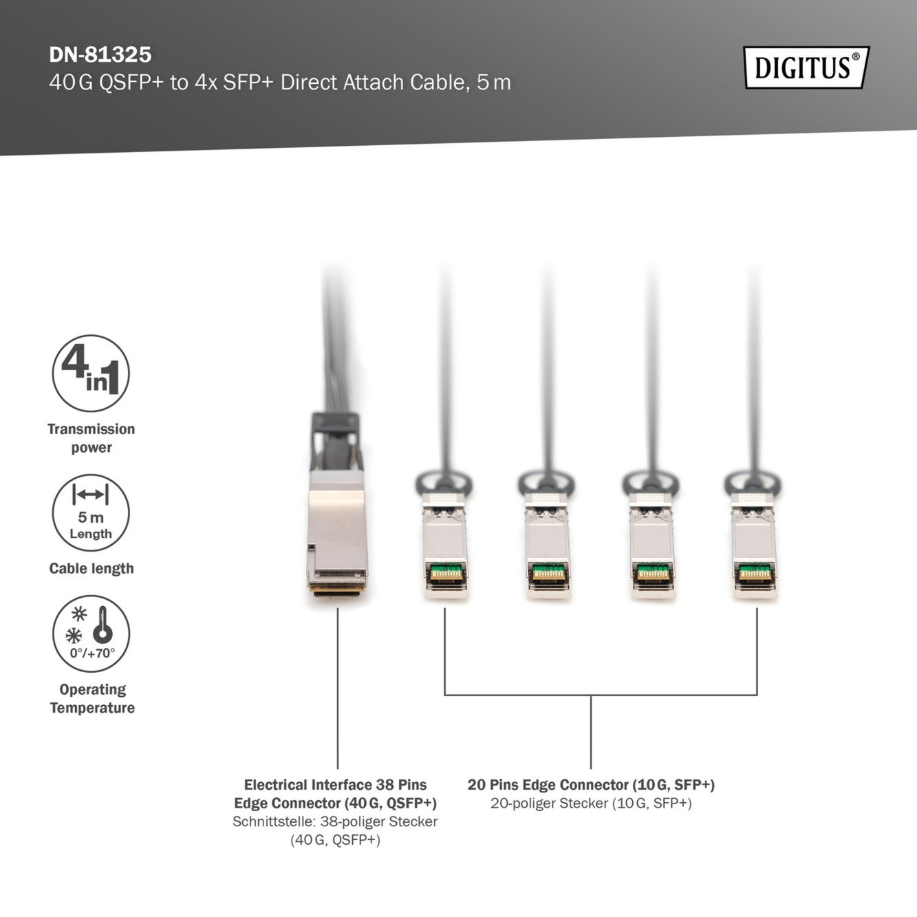 Digitus 40G QSFP+ zu 4XSFP+ Direct Attach cable 5m - Imagen 4