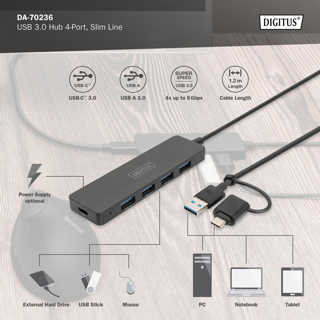 Digitus USB 3.0 Hub 4-Port Slim Line Negro - Imagen 2