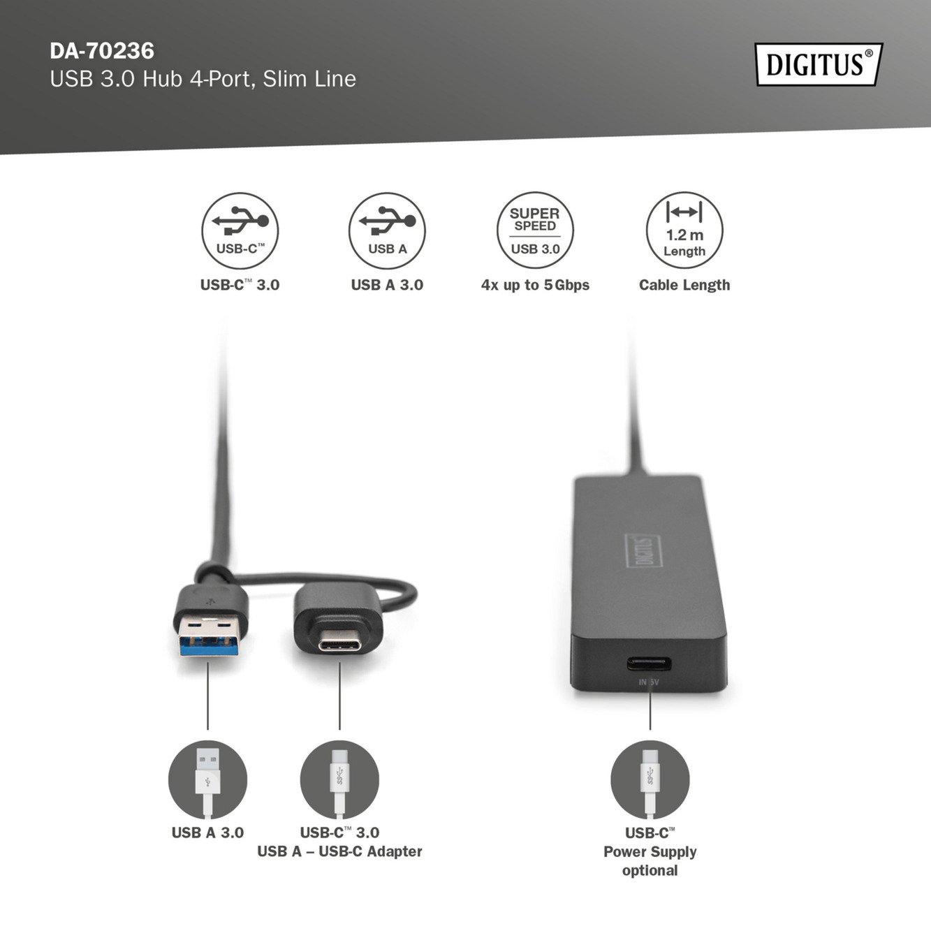 Digitus USB 3.0 Hub 4-Port Slim Line Negro - Imagen 3