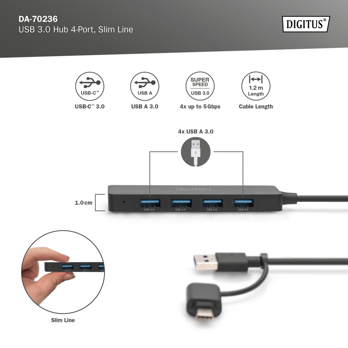 Digitus USB 3.0 Hub 4-Port Slim Line Negro - Imagen 4