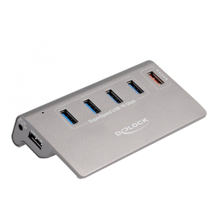 DeLOCK USB 10 Gbps Hub con 4 USB Typ-A Ports + 1 Schnellladeport Gris
