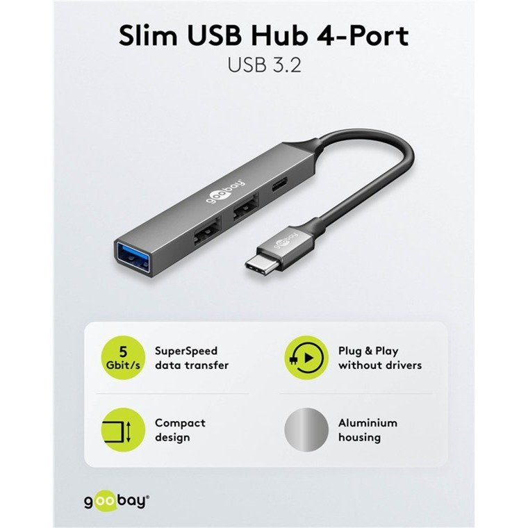 goobay Slim 4-Port USB-Hub Gris - Imagen 2