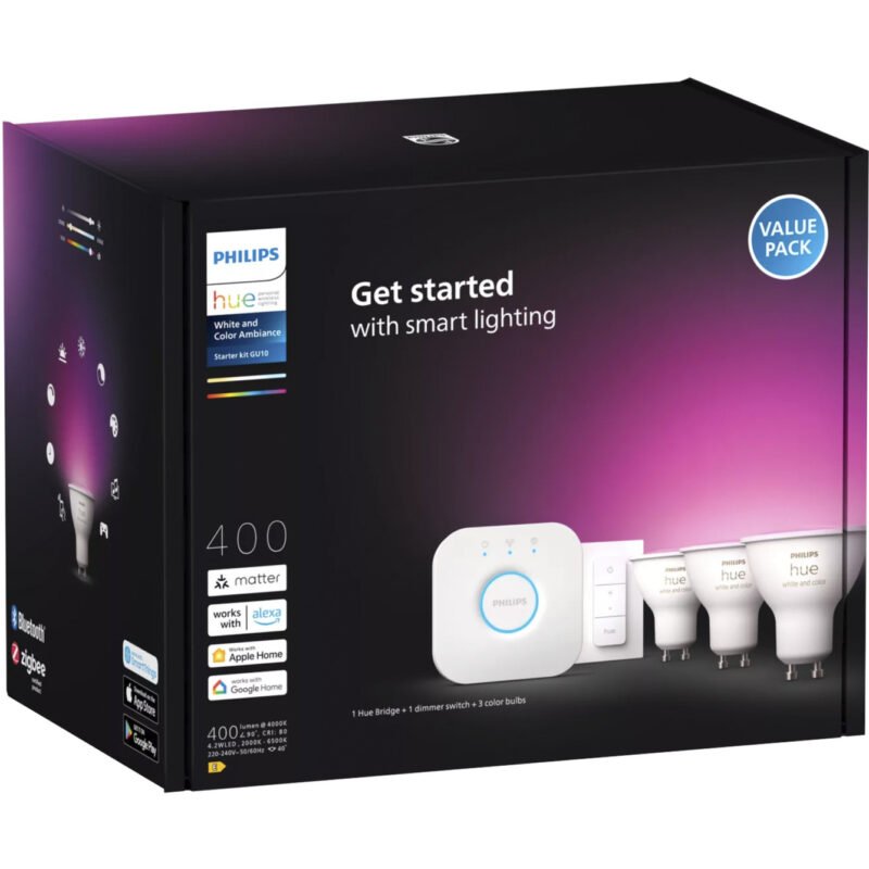 Philips Hue White & Color Ambiance Starter-Set: 3 smarte GU10-Spots + Dimmschalter