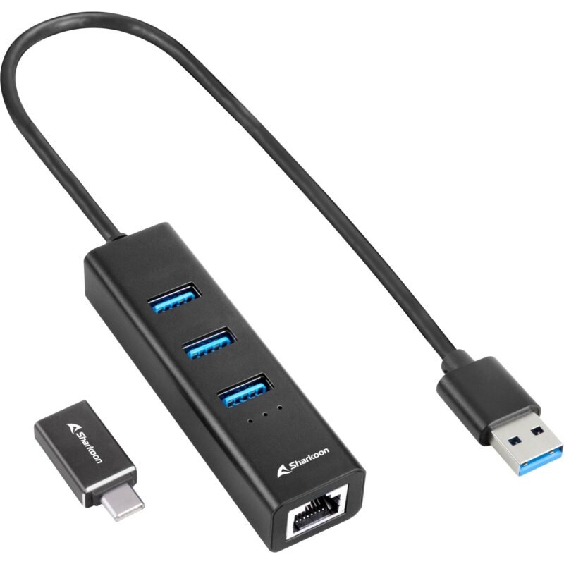 Sharkoon 3-Port USB 3.2 Gen 1 Alu Hub + Ethernet Negro